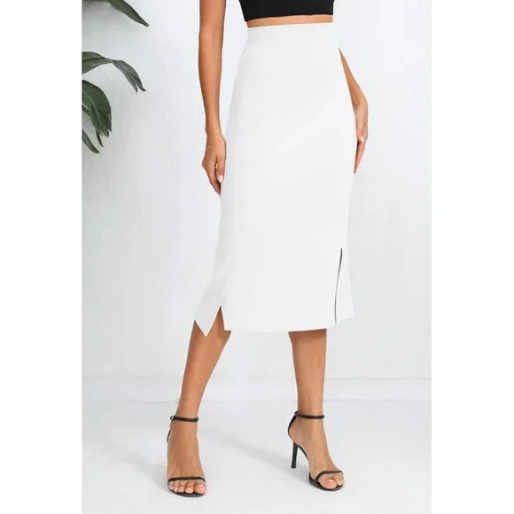 Women's White Stretch Office Fishtail Pencil High Waist Bodycon Slit Midi Skirt - Picture 4 of 6